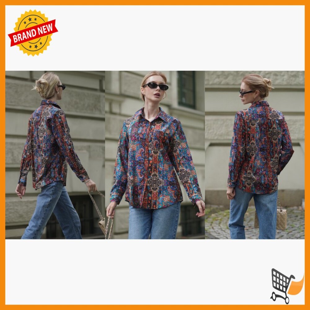 Long Sleeve Button Down Blouse with Pocket, Floral Print, Business Casual - Picture 7 of 7